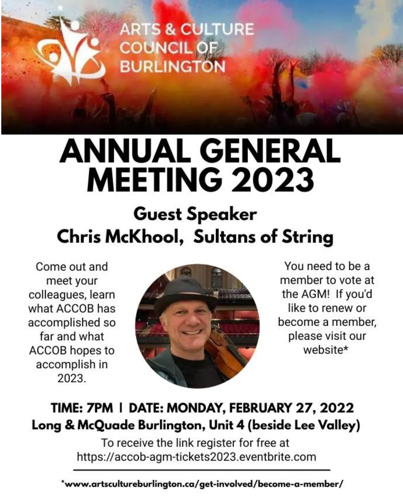 This year’s AGM will be held in person at Long & McQuade Burlington. Guest speaker Chris McKhool from Sultans of String.